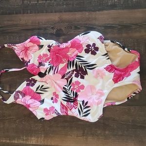 NWT Fresh Peaches Pink and Purple Hawaiian Print One Piece Bathing Suit Size S
